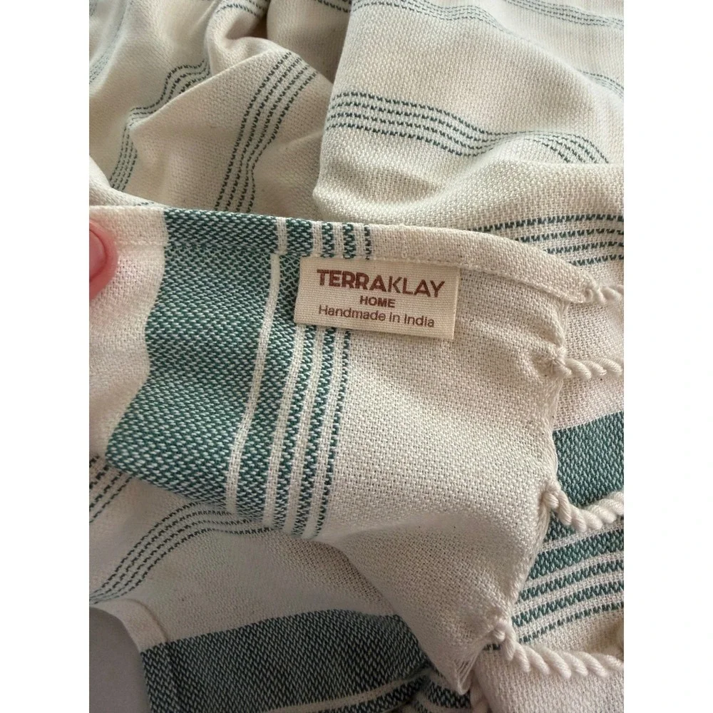 TerraKlay‎ Home Sage Green Cream Striped Cotton Hand Towel Set Fringe India